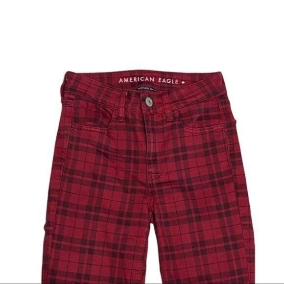 American Eagle Plaid Red/ Black Next Level Stretch Jeans Size 2 - Picture 3 of 12